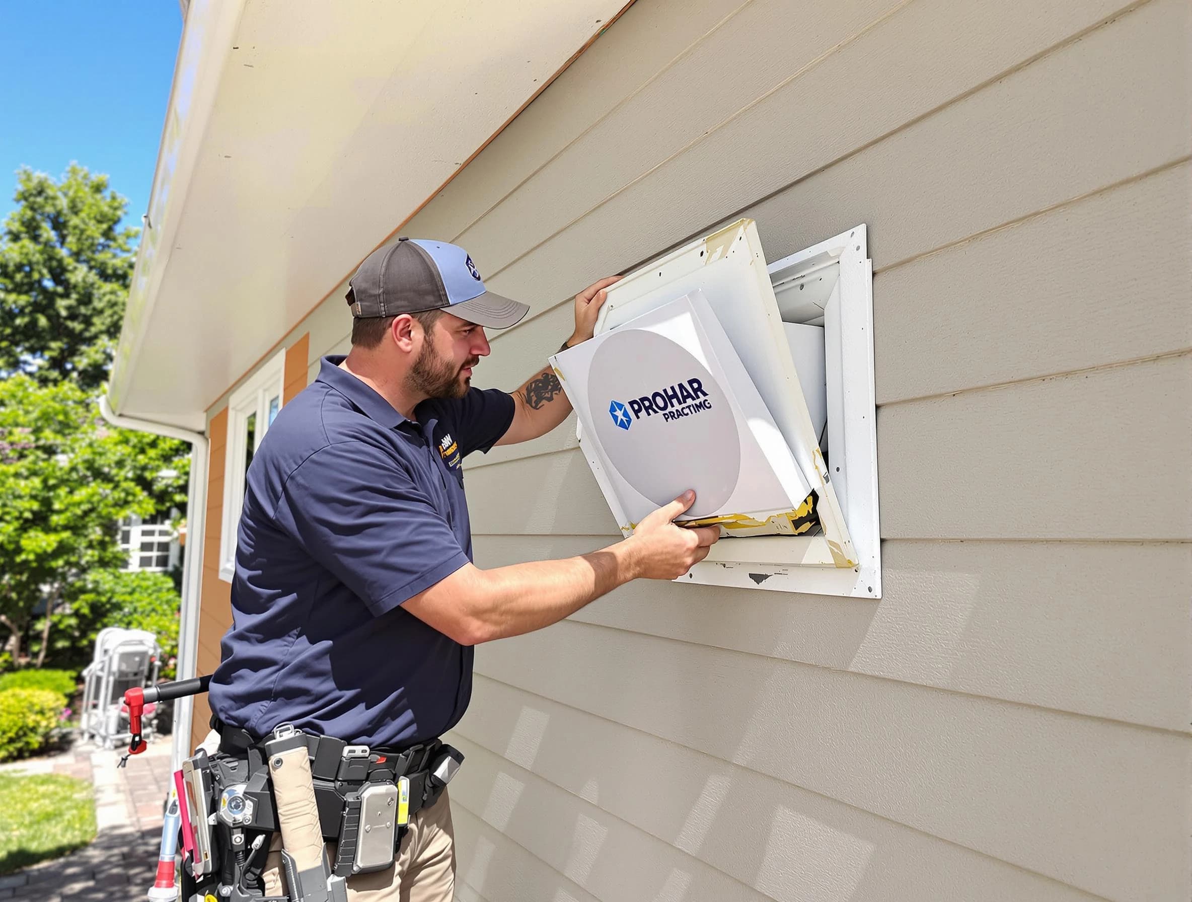 Baldwin Dryer Vent Cleaning technician installing a new protective dryer vent cover on a home in Baldwin