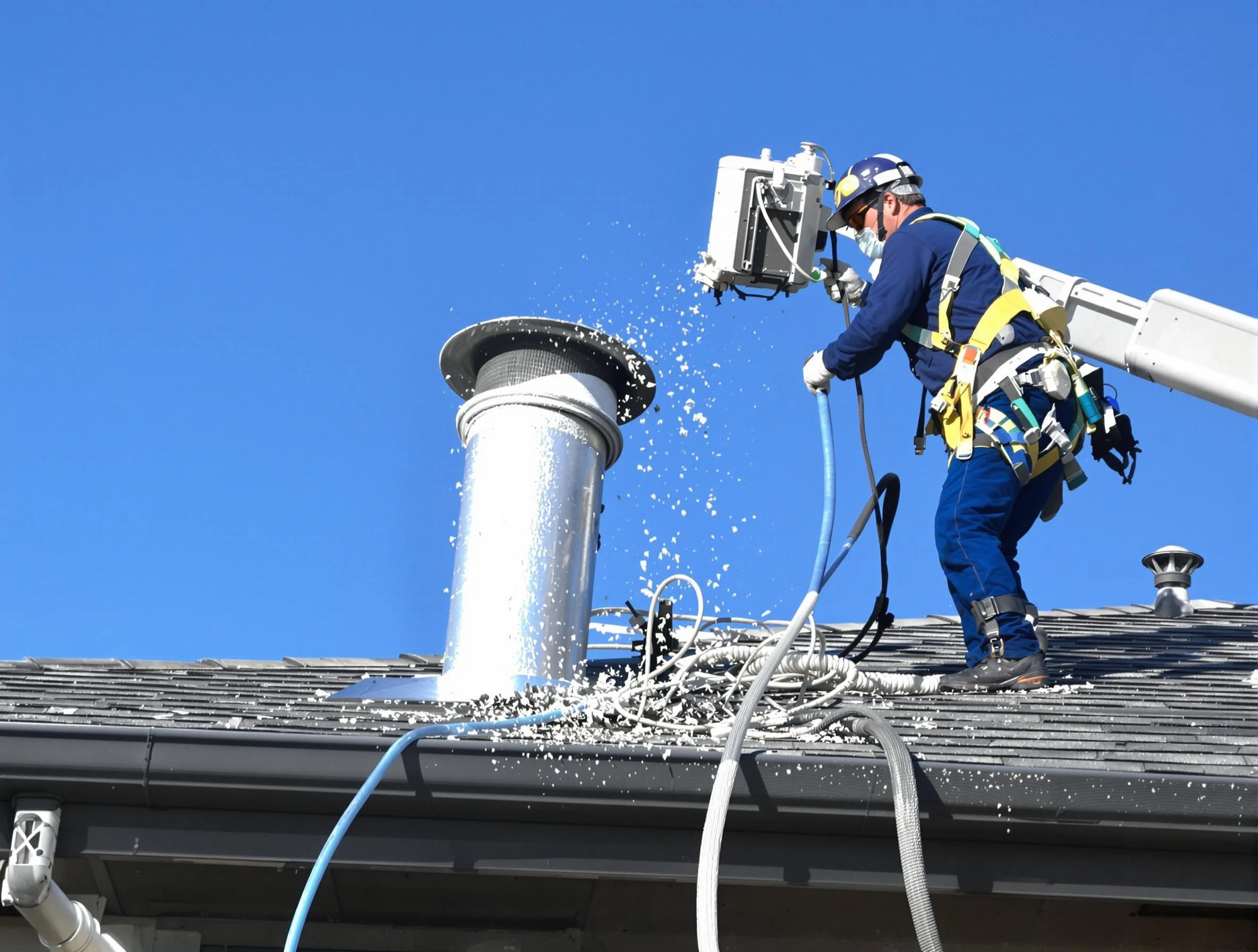 Baldwin Dryer Vent Cleaning certified technician safely cleaning a roof-mounted dryer vent in Baldwin