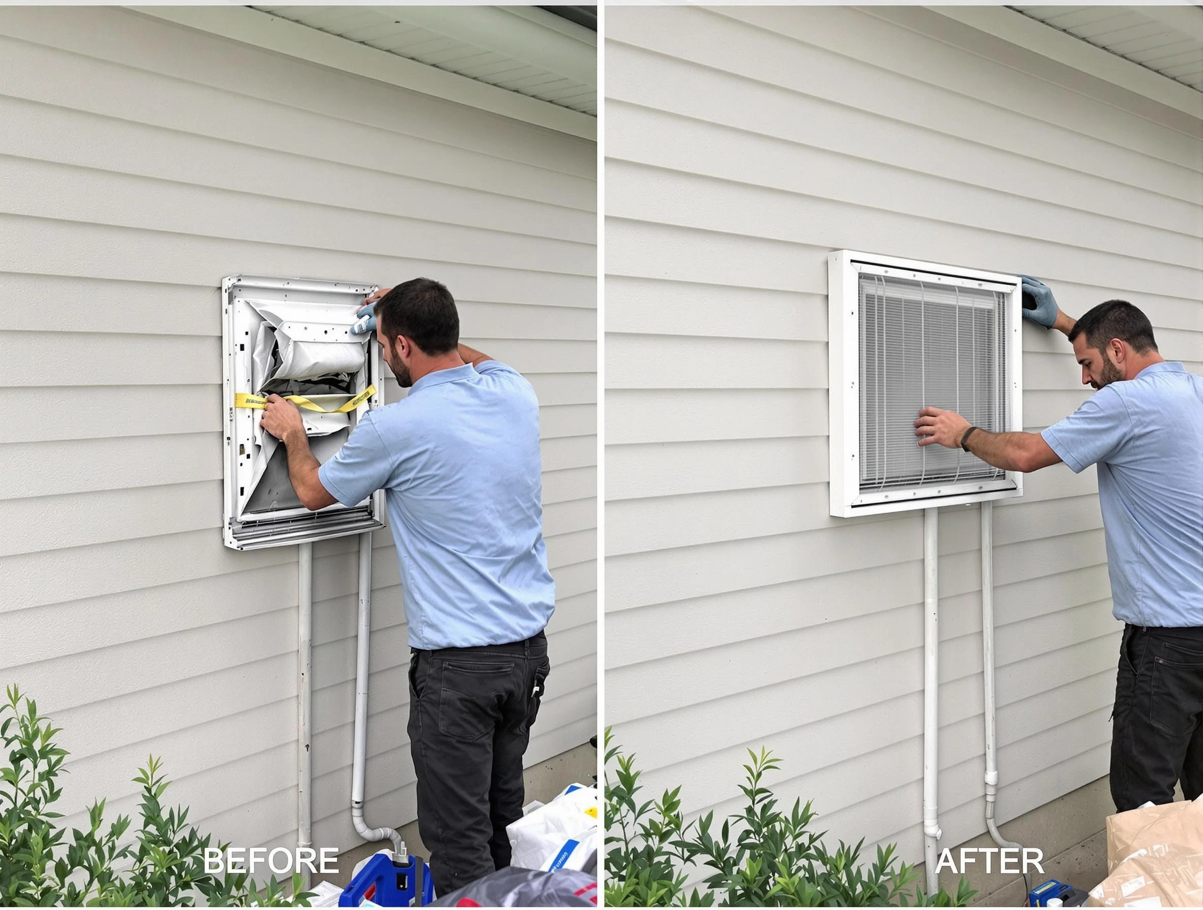 Baldwin Dryer Vent Cleaning technician installing high-quality dryer vent cover at a residential property in Baldwin